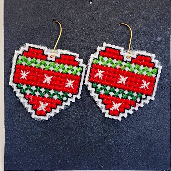 Holiday Christmas HEARTS Red Green Cross Stitch Handmade Dangle Pierced Earrings - Picture 1 of 5